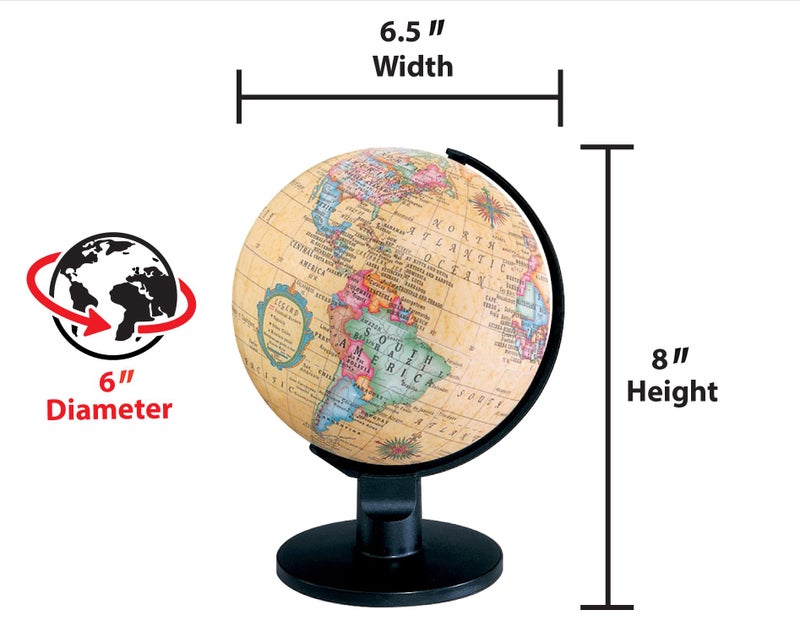 Replogle Trekker 6" Diameter Up to Date Cartography, with , Antique Globe Ball and Sturdy Plastic Base. This rotating desktop globe encompasses all the countries and geographic landmasses of the world. It is 6" wide with a plastic base and a smooth spinning action. A perfect desktop accessory for a worldly executive, a gift for a curious geography loving child, or an accouterment to any household setting. - Image 3
